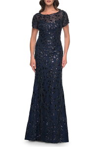 ���t�F�� ���f�B�[�X �g�b�v�X �����s�[�X�p���R�[�� La Femme Beaded Sequin Chic Evening Dress with Illusion Top and Short Sleeves Navy �l�C�r�[