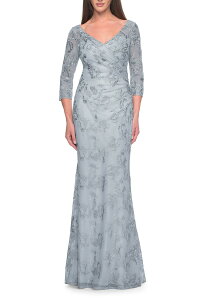 ���t�F�� ���f�B�[�X �g�b�v�X �����s�[�X ���[�X La Femme Pastelace Mother of the Bride Gown withree Quarter Sleeves Dusty Blue �u���[