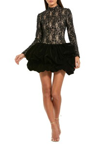 �}�b�N�_�K�� ���f�B�[�X �g�b�v�X �����s�[�X ���b�N�l�b�N �~�j �x���x�b�g ���[�X Mac Duggal Mock Neck Long Sleeve Lace And Velvet Mini Dress Black �u���b�N
