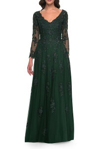 ���t�F�� ���f�B�[�X �g�b�v�X �����s�[�X �`���[�� ���[�X La Femme Long Sleeve Lace and Tulle Dress with V Necklinemerald �G�������h