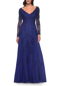 ���t�F�� ���f�B�[�X �g�b�v�X �����s�[�X �`���[�� ���[�X La Femme Long Sleeve Lace and Tulle Dress with V Neckline Marine Blue �u���[
