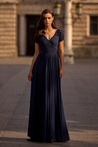 ���t�F�� ���f�B�[�X �g�b�v�X �����s�[�X ���[�X �W���[�W�[ La Femme Jersey Long Evening Dress with Short Lace Sleeves Navy �l�C�r�[