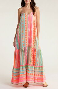 �G���� ���f�B�[�X �g�b�v�X �����s�[�X �e�B�A�[�h �R�b�g�� �h�J �}�L�V Elan Embroidered Tiered Cotton Blend Cover-Up Maxi Dress Neon Aztec