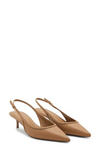 �}���S ���f�B�[�X �V���[�Y �q�[�� MANGO Stud Pointed Toe Kitten Heel Slingback Pump Medium Brown �u���E��