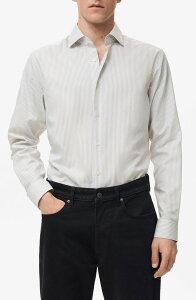 �}���S �����Y �g�b�v�X �V���c �X�����t�B�b�g �R�b�g�� MANGO Slim Fit Stripe Cotton Button-Up Shirt Light Heather Grey �O���[