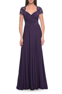���t�F�� ���f�B�[�X �g�b�v�X �����s�[�X ���[�X �W���[�W�[ La Femmelegant Jersey Evening Dress with Lace Details Eggplant