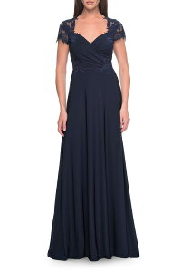 ���t�F�� ���f�B�[�X �g�b�v�X �����s�[�X ���[�X �W���[�W�[ La Femmelegant Jersey Evening Dress with Lace Details Navy �l�C�r�[