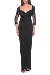 ���t�F�� ���f�B�[�X �g�b�v�X �����s�[�X ���[�X �W���[�W�[ La Femme Long Jersey Evening Dress with Lace Sleeves Black �u���b�N
