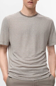 �}���S �����Y �g�b�v�X �V���c �X�����t�B�b�g ���l�� MANGO Slim Fit Stripe Linen Blend T-Shirt Off White �I�t�z���C�g