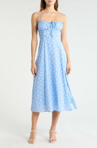 �I�[���C���t�{�[�� ���f�B�[�X �g�b�v�X �����s�[�X �~�f�B �m�[�X���[�u All in Favor Corset Sleeveless Midi Dress Blue Pink Dot �u���[