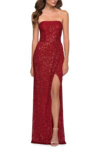 ���t�F�� ���f�B�[�X �g�b�v�X �����s�[�X�p���R�[�� �X�g���b�v���X�J�[�g La Femme Simple Sequin Strapless Dress with Faux Wrap Skirt Red ���b�h