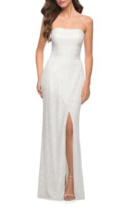 ���t�F�� ���f�B�[�X �g�b�v�X �����s�[�X�p���R�[�� �X�g���b�v���X�J�[�g La Femme Simple Sequin Strapless Dress with Faux Wrap Skirt White �z���C�g