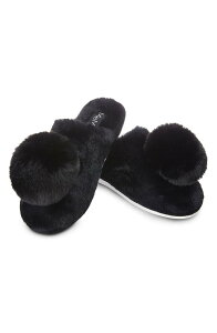 �����C ���f�B�[�X �V���[�Y �T���_�� MeMoi The Gloria Faux Fur Pom Slipper Black �u���b�N