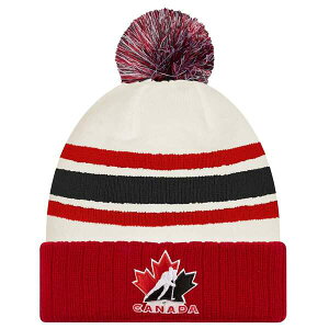�j���[�G�� �����Y �A�N�Z�T���[ �X�q �j�b�g Men's New Era White/Red Hockey Canada Milano Cortina 2026 Winter Olympicstriped Cuffed Knit Hat with Pom White �z���C�g