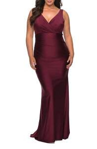 ���t�F�� ���f�B�[�X �g�b�v�X �����s�[�X �v���X�T�C�Y �W���[�W�[ La Femme Simple Jersey Plusize Gown with Faux Wrap Bodice Dark Berry