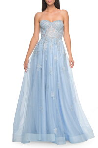 ���t�F�� ���f�B�[�X �g�b�v�X �����s�[�X A ���C�� ���[�X La Femme Gorgeous Lace A-Line Dress with Rhinestone Lace Details Cloud Blue �u���[