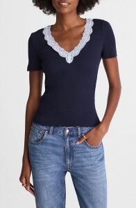 ���C�h�E�F�� ���f�B�[�X �g�b�v�X �V���c V�l�b�N ���[�X�g���� ���[�X Madewellace Trim V-Neck Rib Top Midnight Navy �l�C�r�[