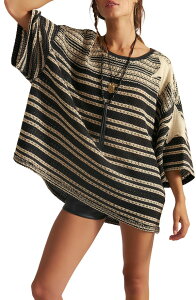 �t���[�s�[�v�� ���f�B�[�X �g�b�v�X T�V���c Free People Fun in the Sun Stripe Oversize Crochet-Shirt Oreo Combo �X�g���C�v