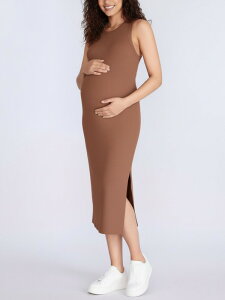 �y���������z �}�U�[�t�b�h�}�^�j�e�B�[ ���f�B�[�X �����s�[�X �g�b�v�X Crew Neck Sleeveless Racerback Maternity Midi Dress Mocha Mousse