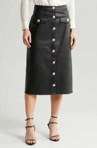 ���W�����X ���f�B�[�X �{�g���X�J�[�g �~�f�B ���U�[ �t�F�C�N���U�[ L'AGENCE Milann Faux Leather Midi Skirt Black/ Light Gold �u���b�N