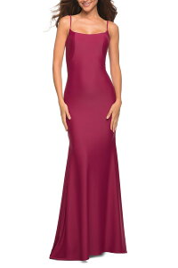 ���t�F�� ���f�B�[�X �g�b�v�X �����s�[�X �W���[�W�[ La Femme Chic Luxe Jersey Gown with Train and V Back Berry