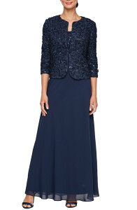 �A���b�N�X�C�u�j���O�X ���f�B�[�X �g�b�v�X �����s�[�X �G���p�C�A �W���P�b�g Alex Evenings Embellished Empire Waist Gown with Soutache Jacket Navy �l�C�r�[
