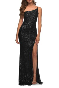 ���t�F�� ���f�B�[�X �g�b�v�X �����s�[�X�p���R�[�� La Femme Simple One Shoulder Long Sequin Eveningown Black �u���b�N