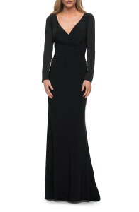 ���t�F�� ���f�B�[�X �g�b�v�X �����s�[�X �W���[�W�[ La Femme Long Sleeve Jersey Evening Dress with Ruching Black �u���b�N