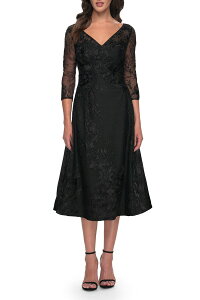 ���t�F�� ���f�B�[�X �g�b�v�X �����s�[�X La Femme Stylish Tea Length Mother of the Bride Dress with Sleeves Black �u���b�N