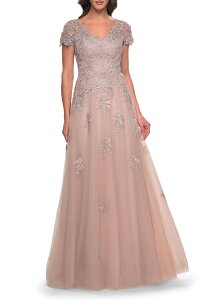 ���t�F�� ���f�B�[�X �g�b�v�X �����s�[�X �`���[�� A ���C�� ���[�X La Femme A-Line Tulle Gown with Lace Applique and Short Sleeves Mauve