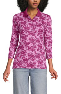�����Y�G���h ���f�B�[�X �g�b�v�X �|���V���c �R�b�g�� Lands' End 3/4 Sleeve Supima Cotton Polo Shirt Pink/Raspberry Wildflowers �s���N