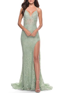���t�F�� ���f�B�[�X �g�b�v�X �����s�[�X �T�C�h�X���b�g ���[�X La Femme Rhinestone Lacembellished Prom Dress withigh Side Slit Sage �Z�[�W
