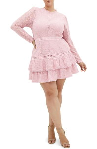 �V�e�B�[�V�b�N ���f�B�[�X �g�b�v�X �����s�[�X �~�j ���[�X City Chic Gabriella Long Sleeve Lace Minidressoft Rose