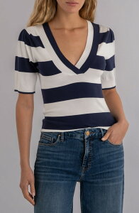 �J�b�g�t�����U�N���X ���f�B�[�X �A�E�^�[ �p�[�J�[�E�X�E�F�b�g �Z�[�^�[ KUT from the Kloth Yona Stripe Puff Sleeve Sweater White/ Navy �z���C�g