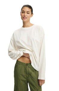 �R�b�g���I�� ���f�B�[�X �g�b�v�X �V���c Cotton Women's Boxy Long Sleeve Top Vintage White �z���C�g