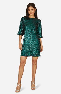 ���~�L�� ���f�B�[�X �g�b�v�X �����s�[�X �o���[���X���[�u �~�j �X�p���R�[�� Yumi Balloon Sleeve Sequin Mini Dress Green �O���[��