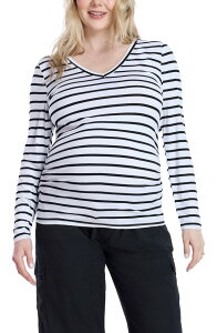 �y���������z �}�U�[�t�b�h�}�^�j�e�B�[ ���f�B�[�X T�V���c �g�b�v�X V-Neck Side-Ruched Maternity Long Sleeve Tee Black & White Stripe