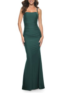 ���t�F�� ���f�B�[�X �g�b�v�X �����s�[�X �M���U�[ ���[�X �W���[�W�[ La Femme Simple Ruched Jersey Dress with Lace Up Back Emerald �G�������h