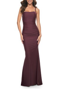 ���t�F�� ���f�B�[�X �g�b�v�X �����s�[�X �M���U�[ ���[�X �W���[�W�[ La Femme Simple Ruched Jersey Dress with Lace Up Back Wine ���C��