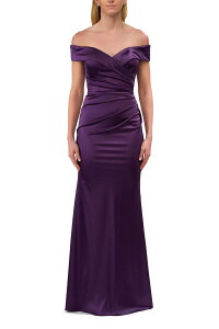 ���t�F�� ���f�B�[�X �g�b�v�X �����s�[�X �T�e�� La Femme Off the Shoulder Stretch Satin Evening Dress Eggplant