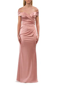 ���t�F�� ���f�B�[�X �g�b�v�X �����s�[�X �T�e�� La Femme Off the Shoulder Stretch Satin Evening Dress Mauve