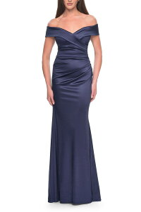 ���t�F�� ���f�B�[�X �g�b�v�X �����s�[�X �T�e�� La Femme Off the Shoulder Stretch Satin Evening Dress Navy �l�C�r�[