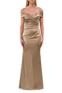 ���t�F�� ���f�B�[�X �g�b�v�X �����s�[�X �T�e�� La Femme Off the Shoulder Stretch Satin Evening Dress Pewter �s���[�^�[