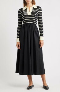 ���[�����o�[ ���f�B�[�X �g�b�v�X �����s�[�X �~�f�B MOON RIVER Stripe Long Sleeve Twofer Midi Dress Black �u���b�N