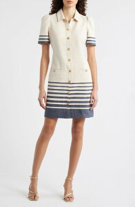 �G���U�W�F�C ���f�B�[�X �g�b�v�X �����s�[�X �V���c Eliza J Stripe Trim Snap Front Shirtdress Ivory Navy �A�C�{���[