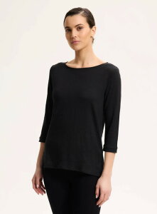 �}�W�F�X�e�B�b�N ���f�B�[�X �g�b�v�X T�V���c ���l�� Majestic Filaturestretch Linen Three Quarter Sleeve Boatneck T-Shirt Noir
