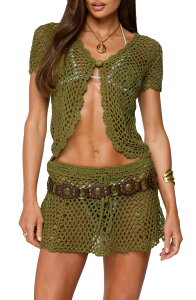 �A�f�B�N�e�b�h ���f�B�[�X �g�b�v�X �V���c �J�[�f�B�K�� EDIKTED Mabelle Crochet Crop Cardigan Olive �I���[�u