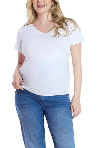 �}�U�[�t�b�h�}�^�j�e�B�[ ���f�B�[�X �g�b�v�X T�V���c V�l�b�N �M���U�[ MOTHERHOOD MATERNITY V-Neck Side-Ruched Maternity Short Sleeve Tee White �z���C�g