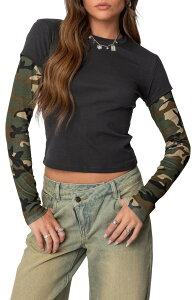 �A�f�B�N�e�b�h ���f�B�[�X �g�b�v�X T�V���c EDIKTED Camo Layered Long Sleeve Crop T-Shirt Dark-Gray �O���[