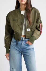 �A���t�@�C���_�X�g���[�Y ���f�B�[�X �A�E�^�[ �W���P�b�g�E�u���]�� Alpha Industries L-2B Gen Crop Flight Jacket Green �O���[��